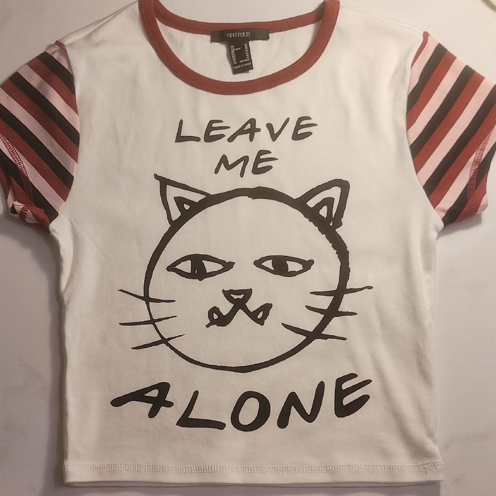 Forever 21 Black and White Short Sleeve Tee with Cat Graphic